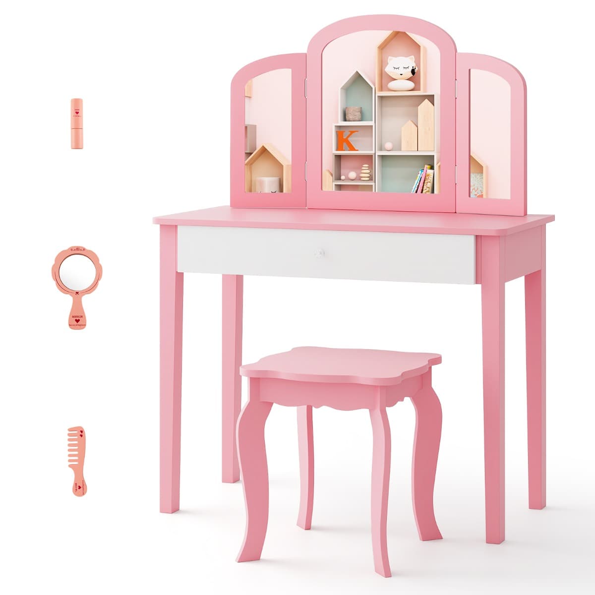 CostwayEnsemble coiffeuse et chaise avec miroir pliable pour enfants table et tabouret de maquillage de style princesse Rose et Blanc