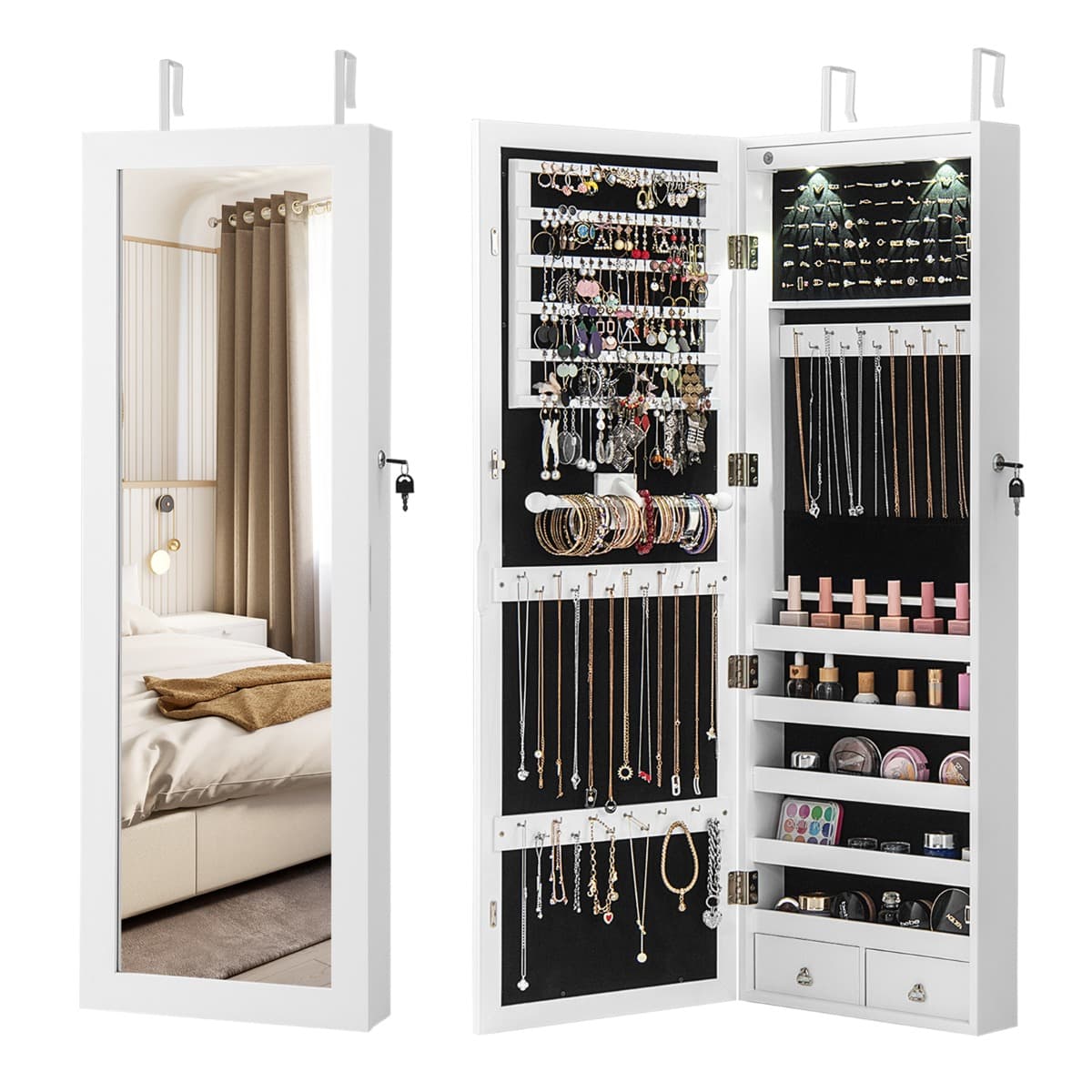 CostwayArmoire à Bijoux avec LED Dedans Crochets Miroir et Tiroirs pour Maquillage Quotidien et Bijoux 37 x 9,5 x108 cm Blanc