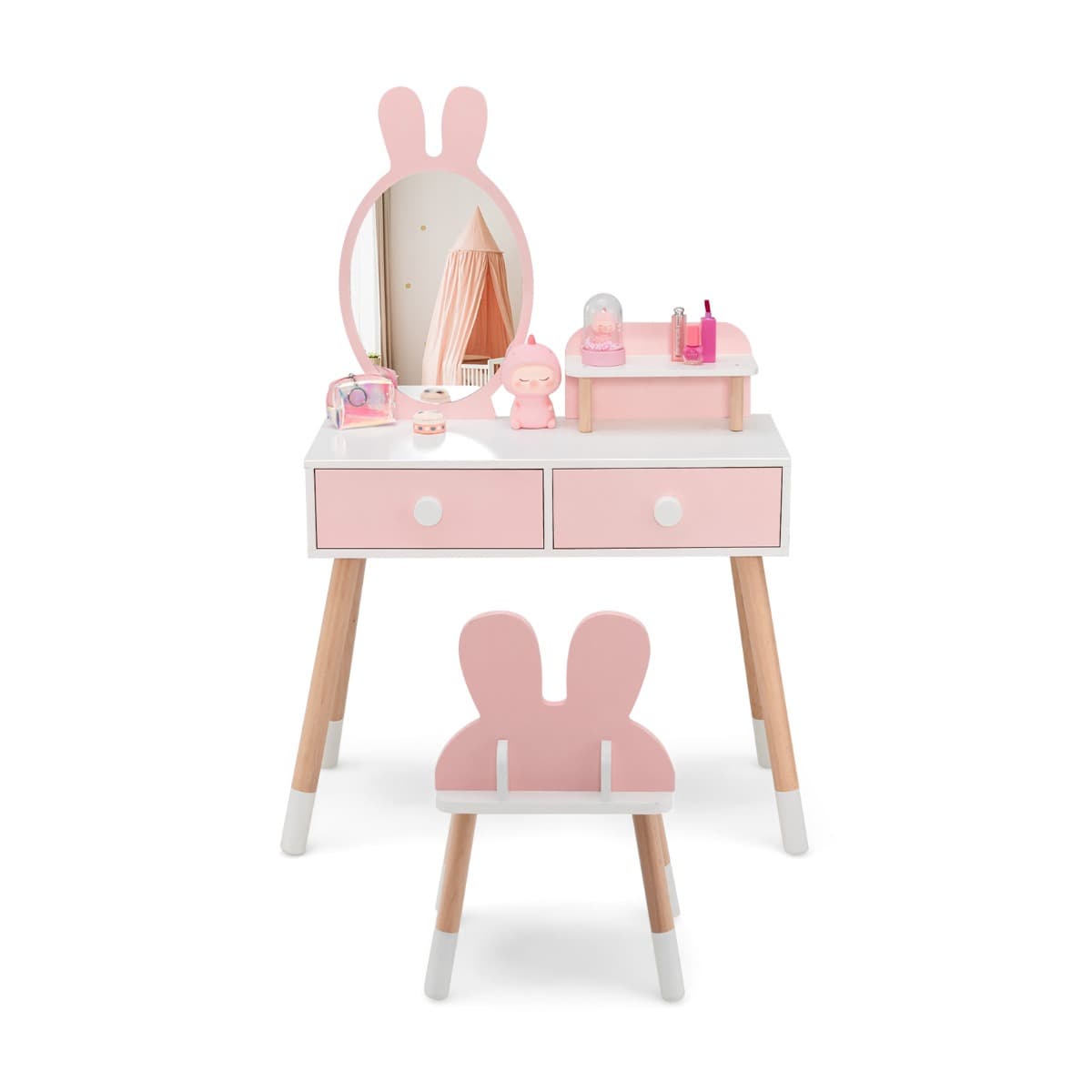 CostwayCoiffeuse Enfant avec Chaise et Miroir en Forme Lapin Table de Maquillage 2 Tiroirs et Étagère en Bois Rose