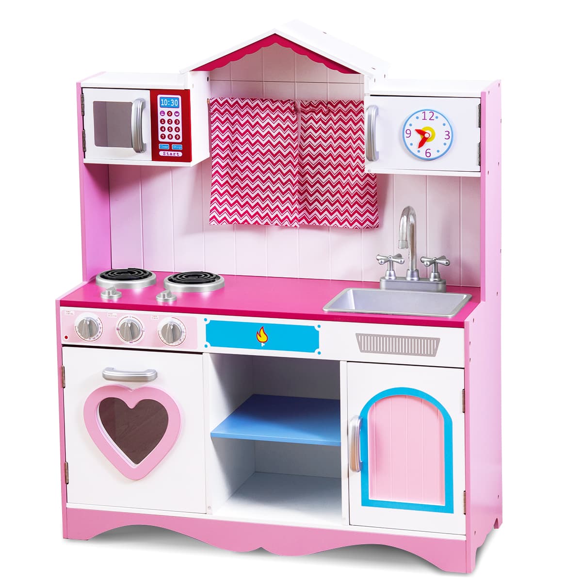 CostwayCuisine Enfants 3 Ans+, 82 x 30 x 100,5 cm Son Réaliste, avec Micro-Ondes, Evier et Horloge Ludique Rose