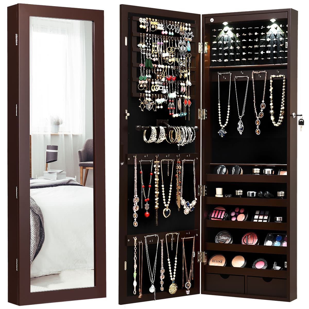 CostwayArmoire à Bijoux avec LED Dedans Crochets Miroir et Tiroirs pour Maquillage Quotidien et Bijoux 37 x 9,5 x108 cm Brun