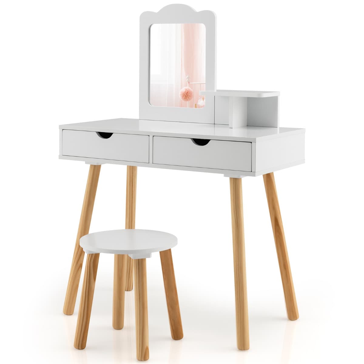CostwayCoiffeuse 2 en 1 Pour Enfants avec Tabouret Mignon Table de Maquillage en Bois pour Enfants avec Miroir et 2 Tiroirs Blanc