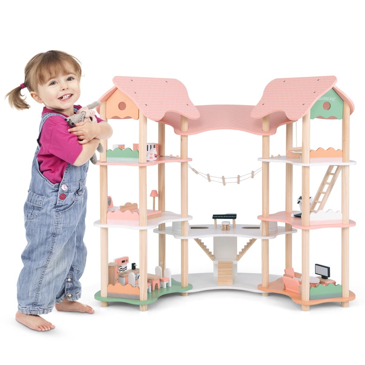 CostwayMaison de Poupée pour 3-8 Ans à 3 Étages avec 7 Pièces et 32 Accessoires Réalistes Toits Maison de Rêve DIY pour Poupées 8-15 cm Rose