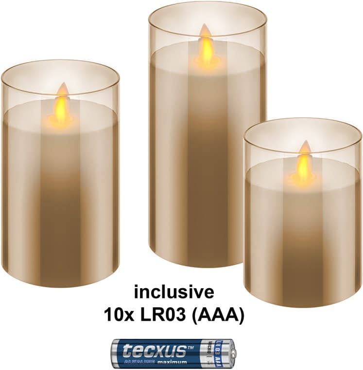 Lot de 3 bougies LED en cire véritable Goobay dans un verre, doré-transparent, avec 10 piles AAA (LR03)