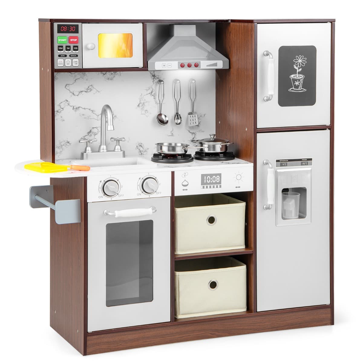 CostwayCuisine Jouet Lumières et Sons Attrayants Hotte Micro-ondes Machine à Glaçons Tableau Noir Évier Porte-serviettes pour Les de 3 Ans et Plus