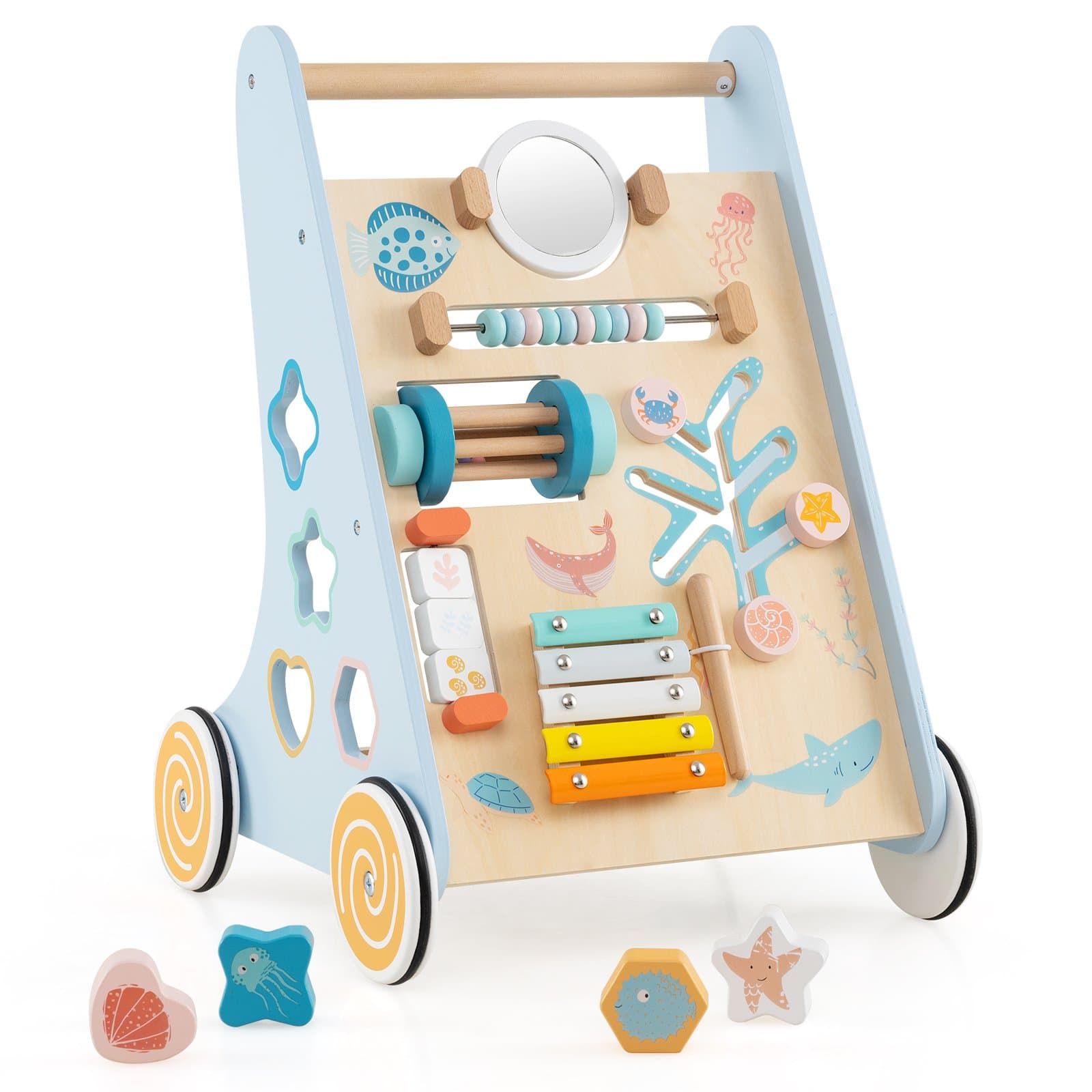 CostwayChariot d'apprentissage en Bois à Pousser et Tirer Aide à La Marche Montessori pour Bébé avec Roues Bleu