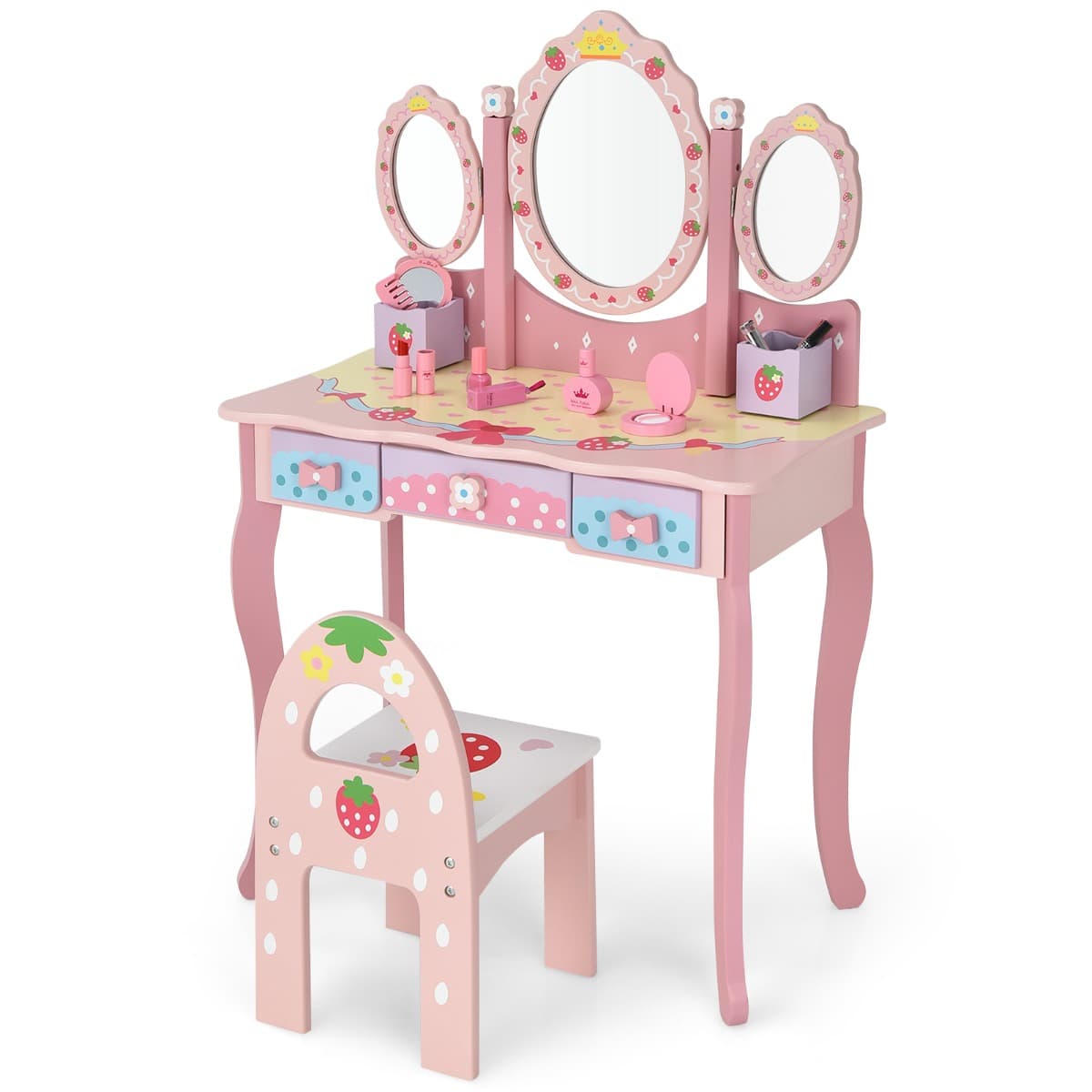 CostwayCoiffeuse 2 en 1 Bureau pour Enfants avec Miroir Amovible 3 Tiroirs 2 Boîtes de Style Princesse pour Filles Rose